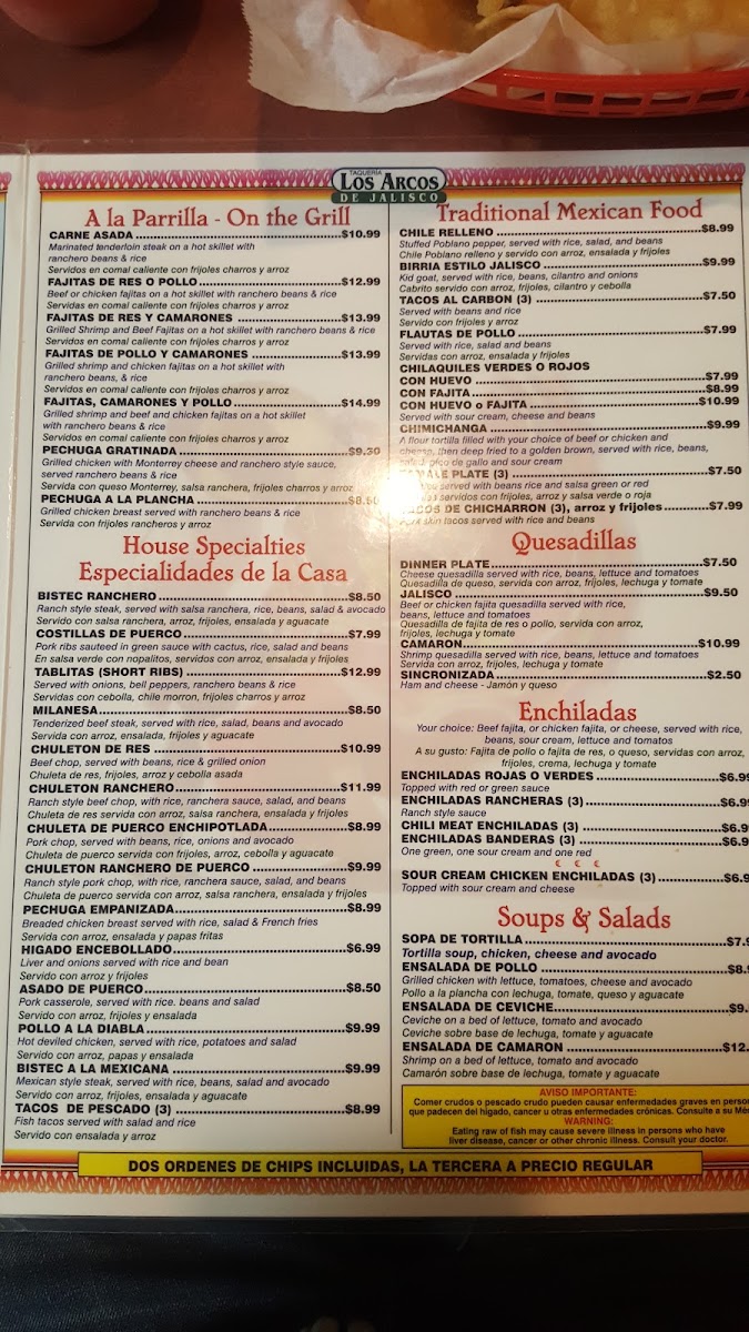 Los Arcos De Jalisco menu board