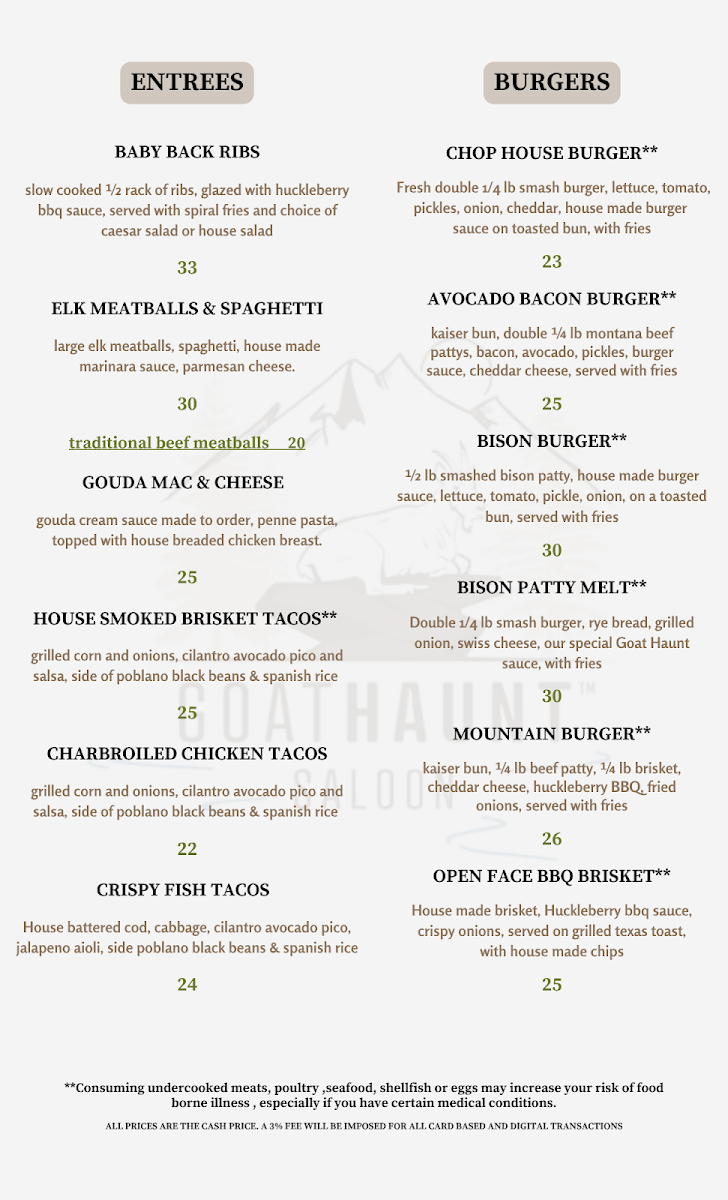Goat Haunt Saloon menu board