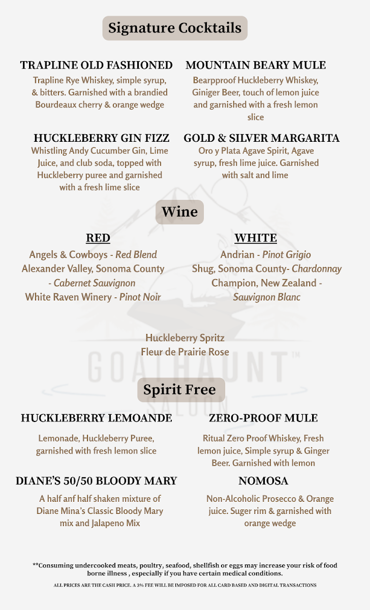 Goat Haunt Saloon menu board