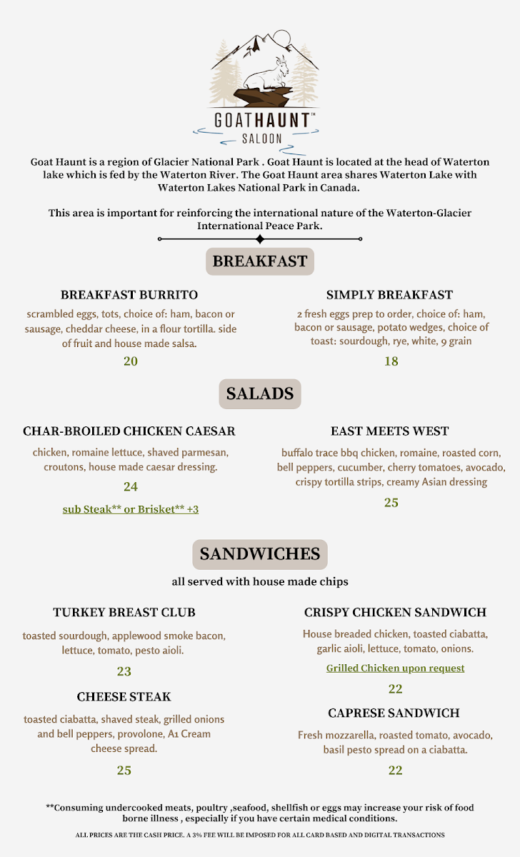 Goat Haunt Saloon menu board