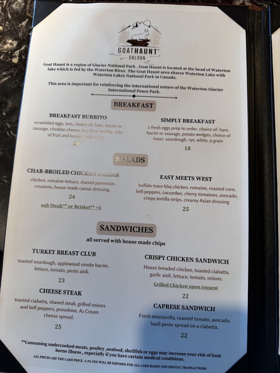 Goat Haunt Saloon menu board