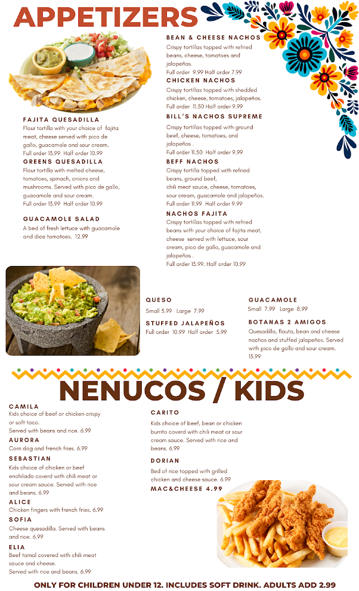2Amigos Mexican Restaurant & Grill menu board