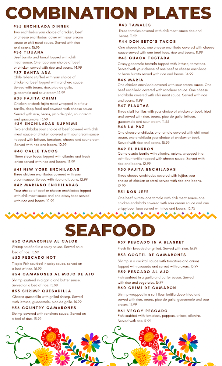 2Amigos Mexican Restaurant & Grill menu board