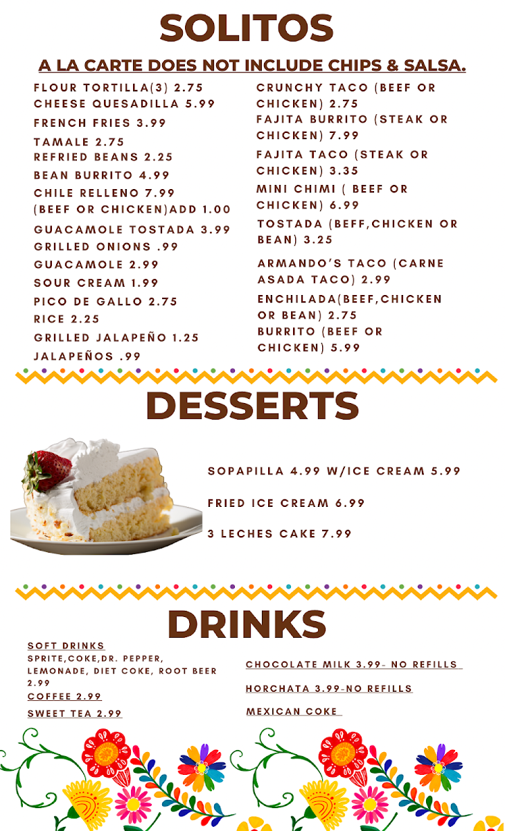 2Amigos Mexican Restaurant & Grill menu board