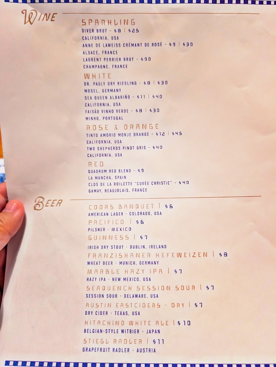 Pearl Divers Oyster Bar menu board
