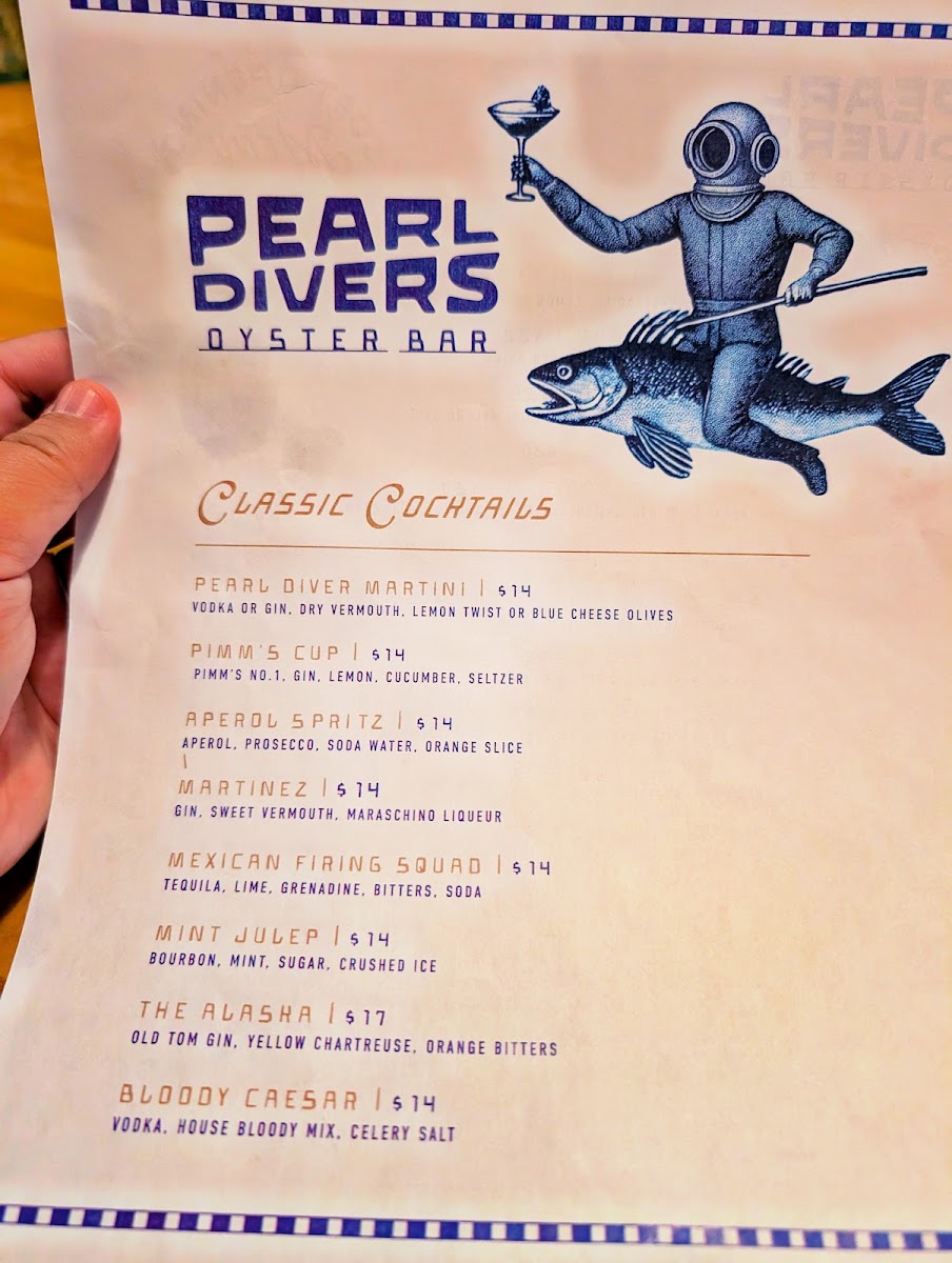 Pearl Divers Oyster Bar menu board