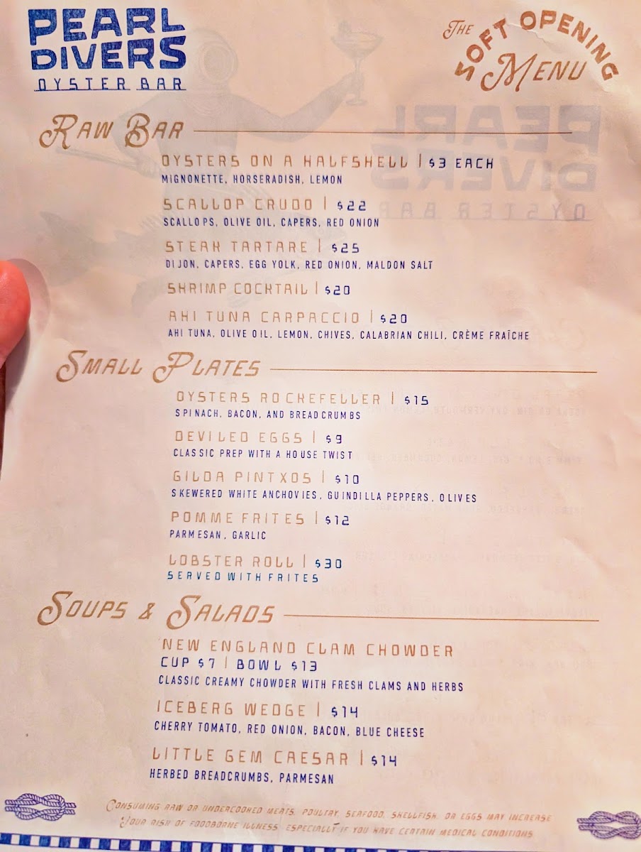 Pearl Divers Oyster Bar menu board