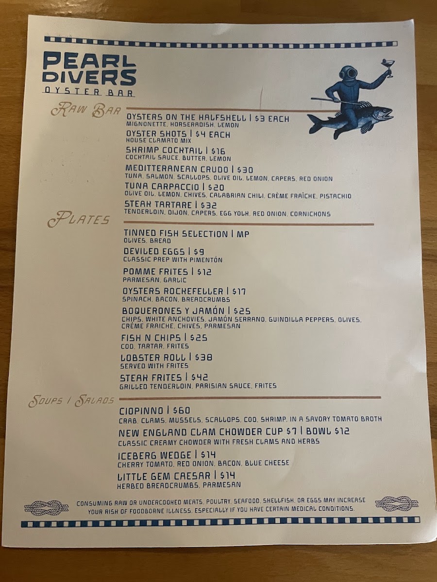 Pearl Divers Oyster Bar menu board