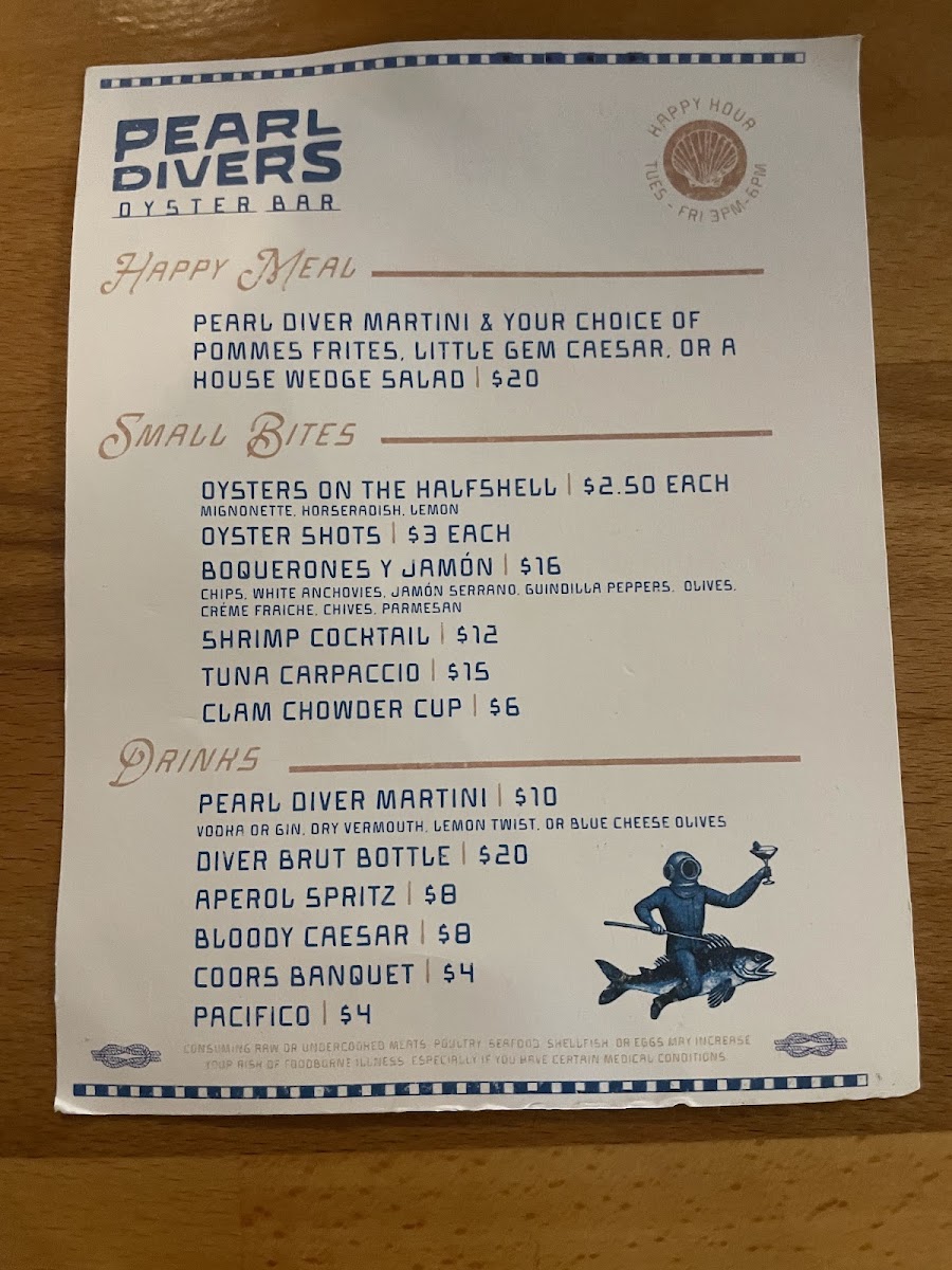 Pearl Divers Oyster Bar menu board