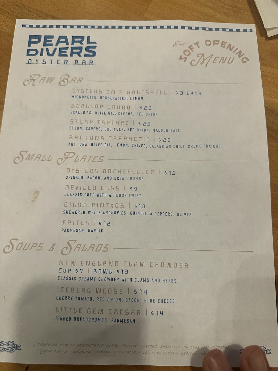 Pearl Divers Oyster Bar menu board