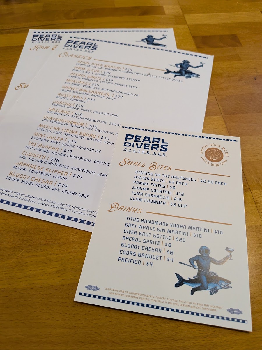Pearl Divers Oyster Bar menu board