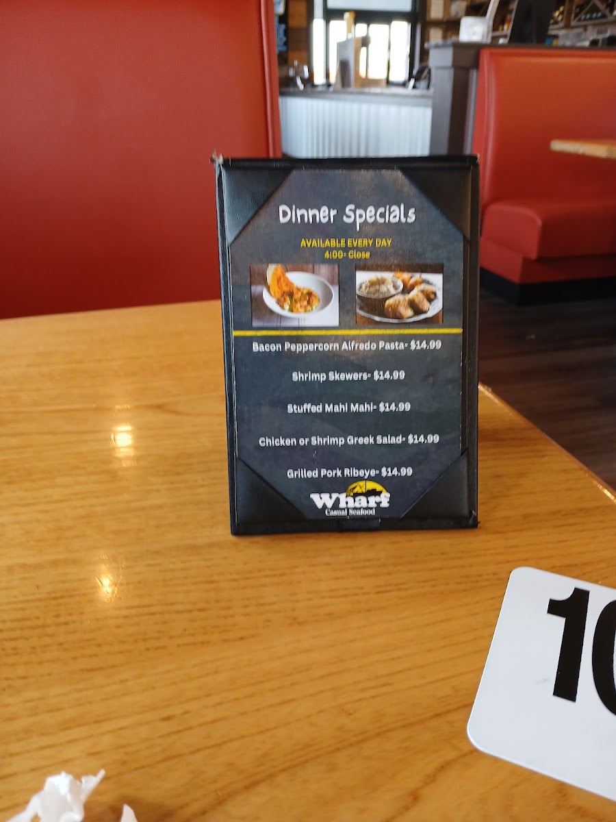 Wharf Casual Seafood Sylacauga menu board