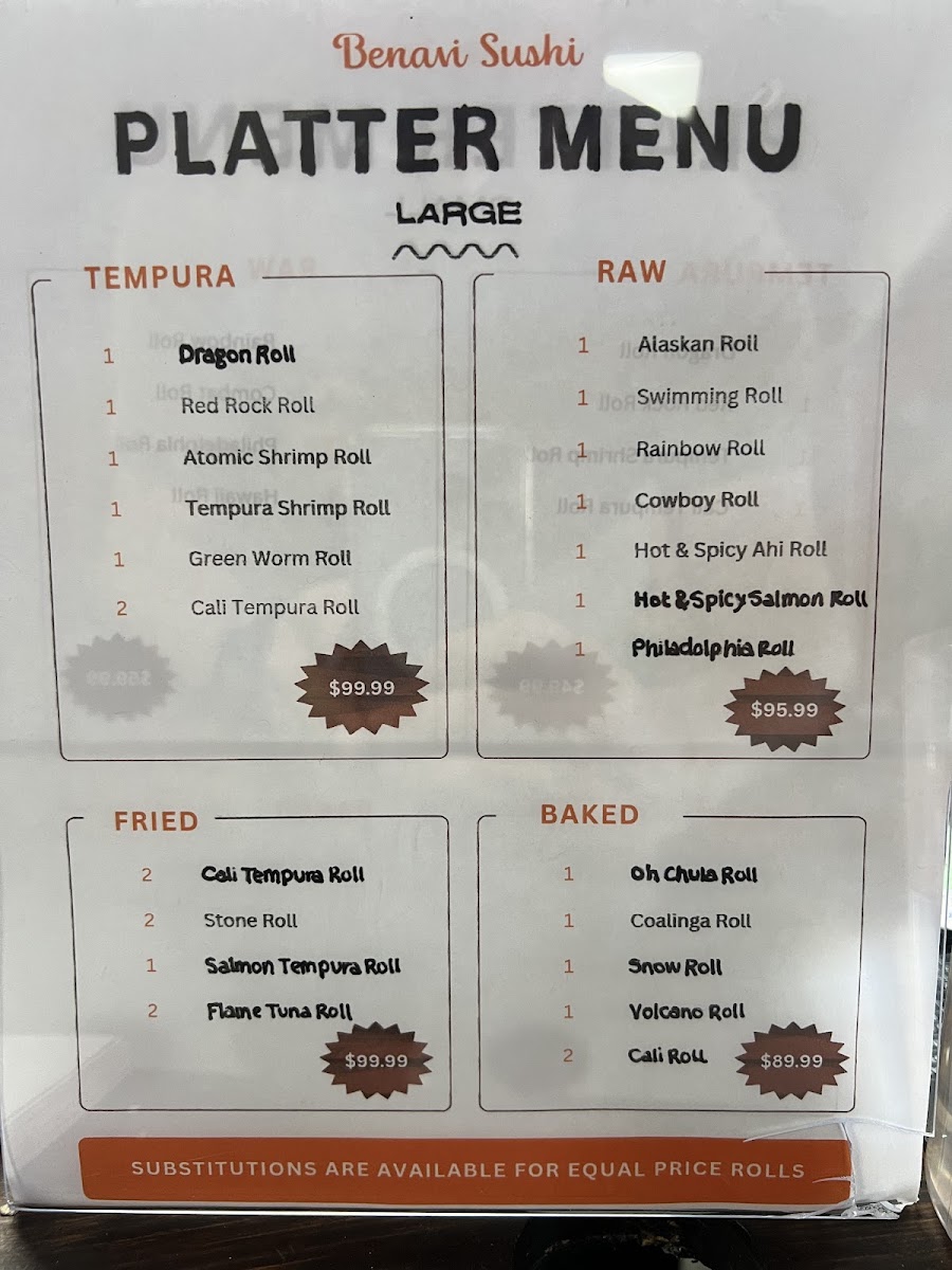 Benavi Sushi menu board