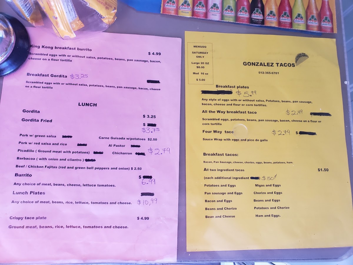 Gonzalez Taco's menu board