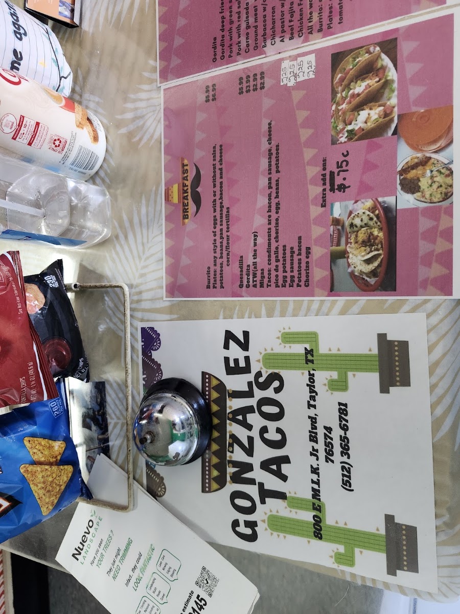 Gonzalez Taco's menu board