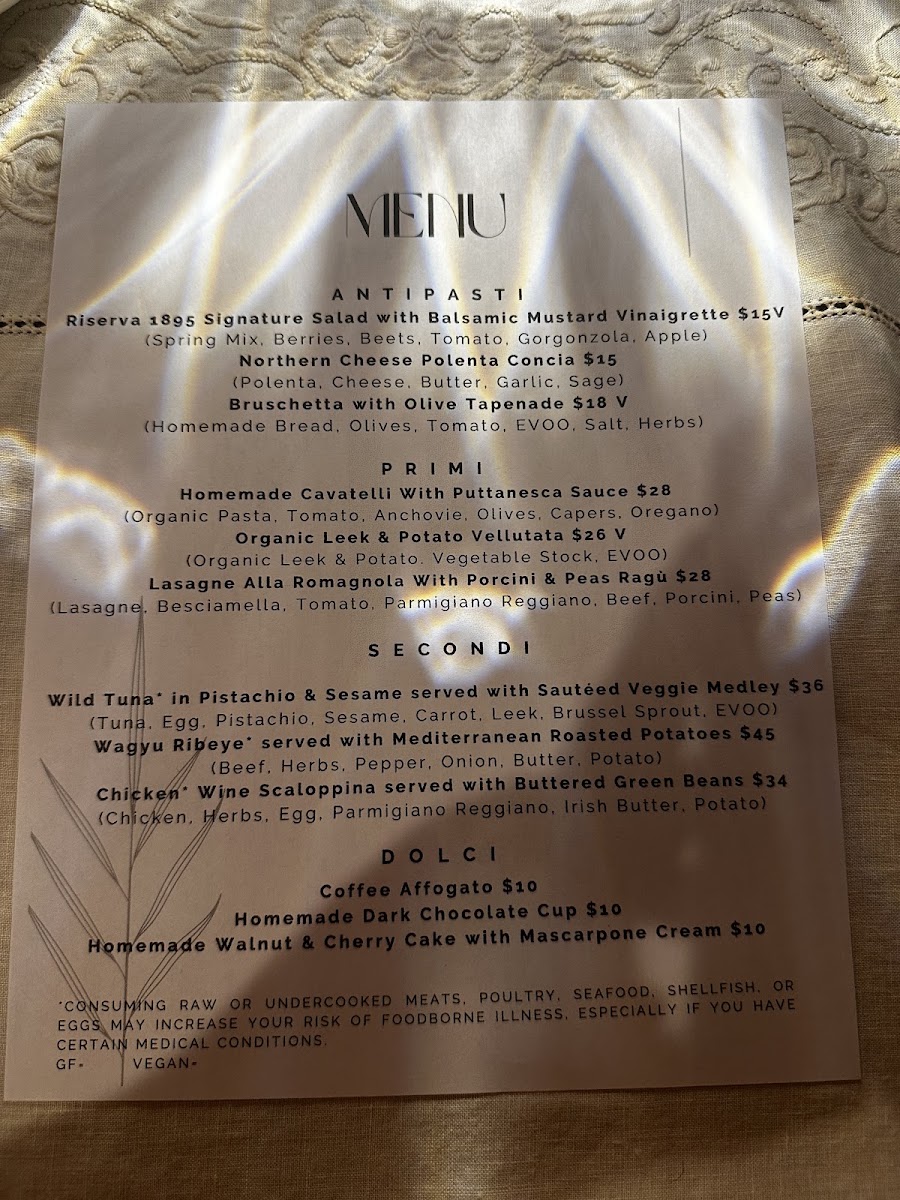 Riserva 1895 menu board