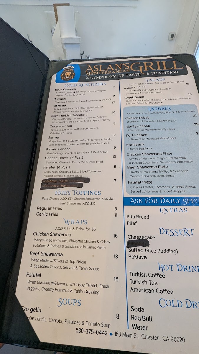 Aslan's Mediterranean Grill menu board