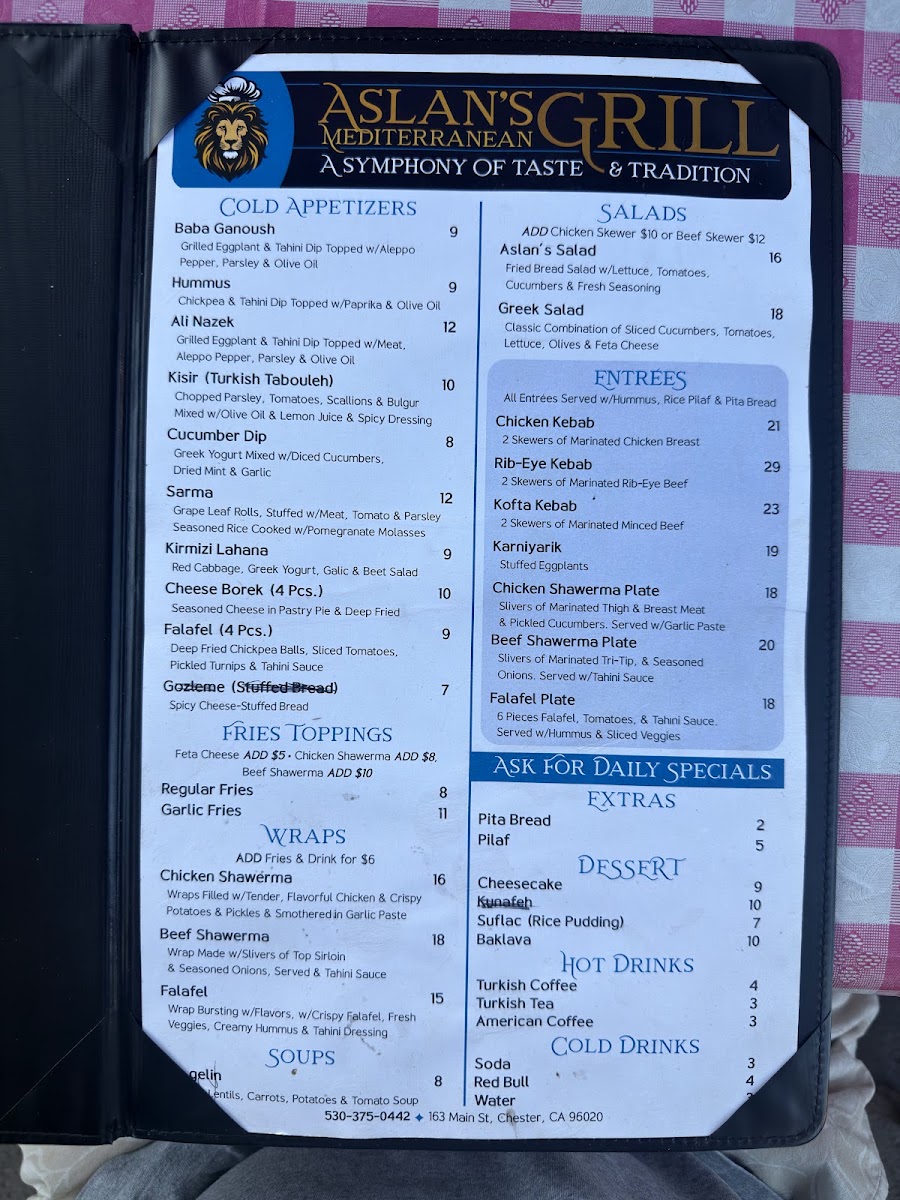 Aslan's Mediterranean Grill menu board
