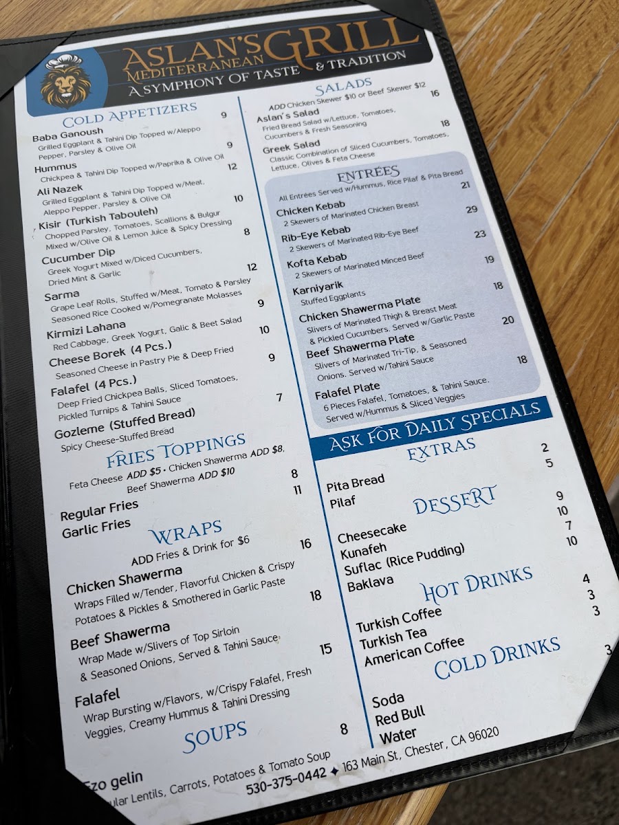 Aslan's Mediterranean Grill menu board