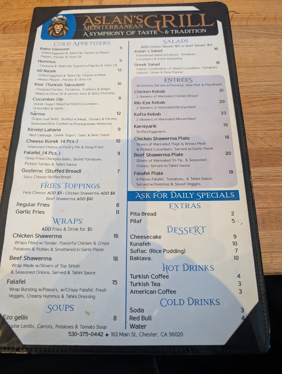 Aslan's Mediterranean Grill menu board