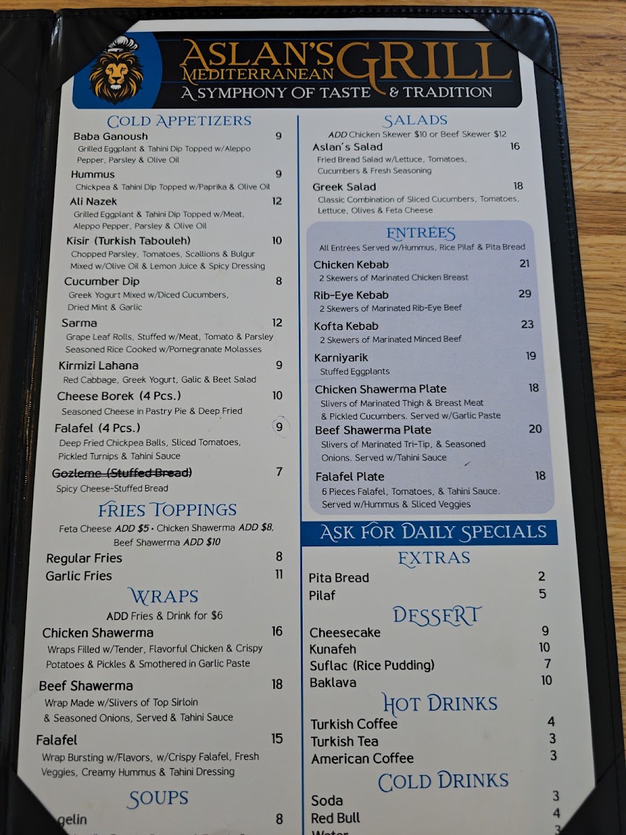 Aslan's Mediterranean Grill menu board
