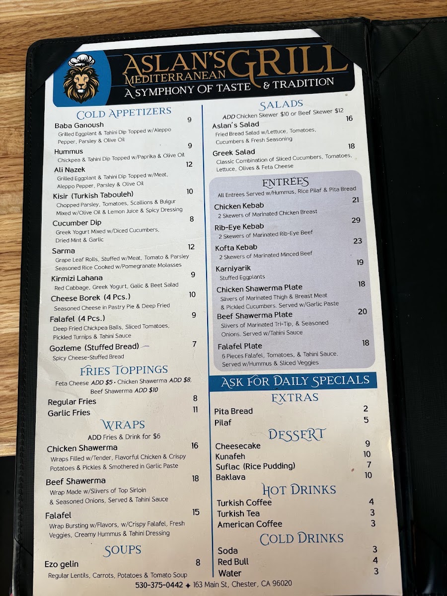 Aslan's Mediterranean Grill menu board