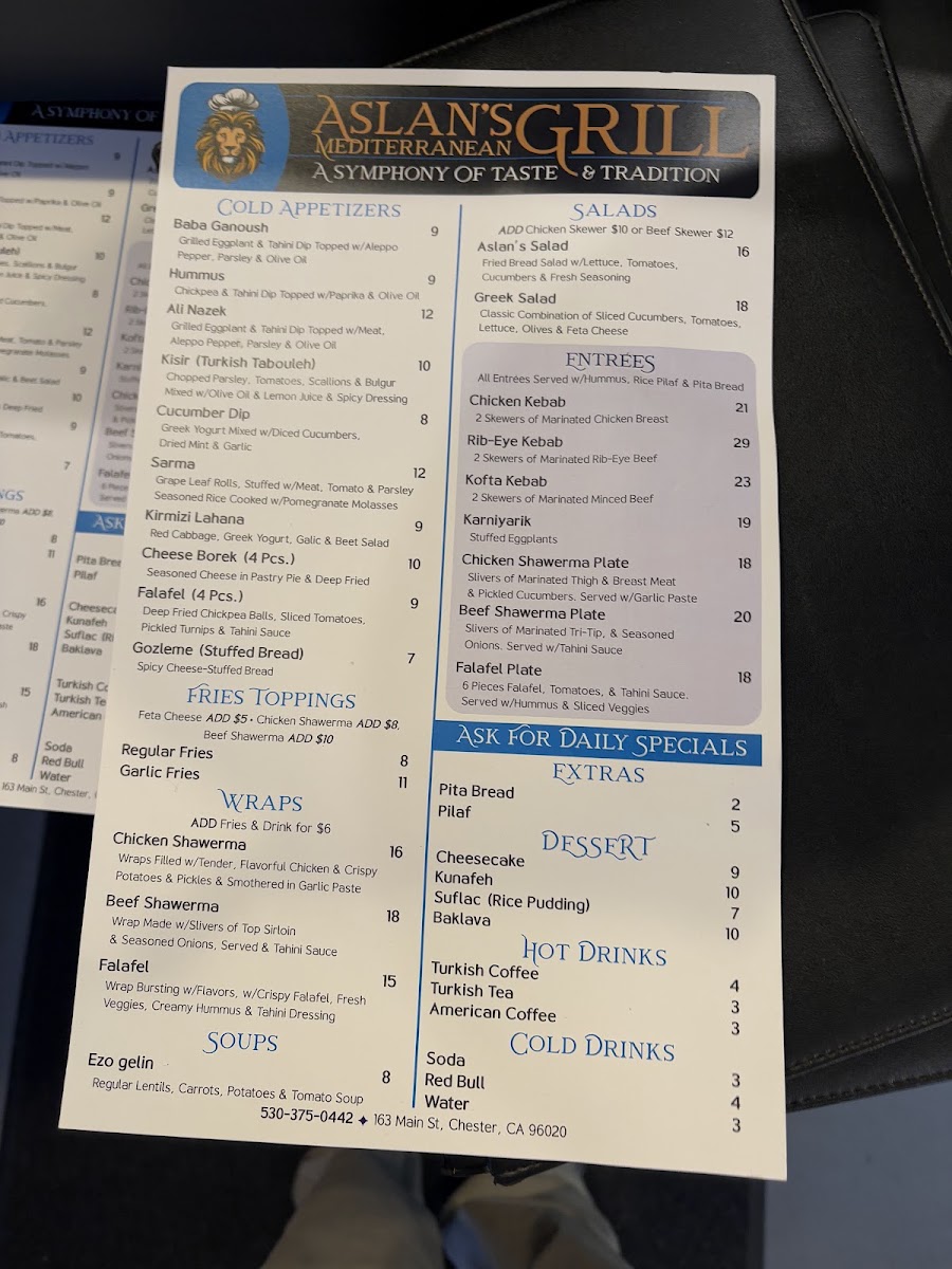 Aslan's Mediterranean Grill menu board