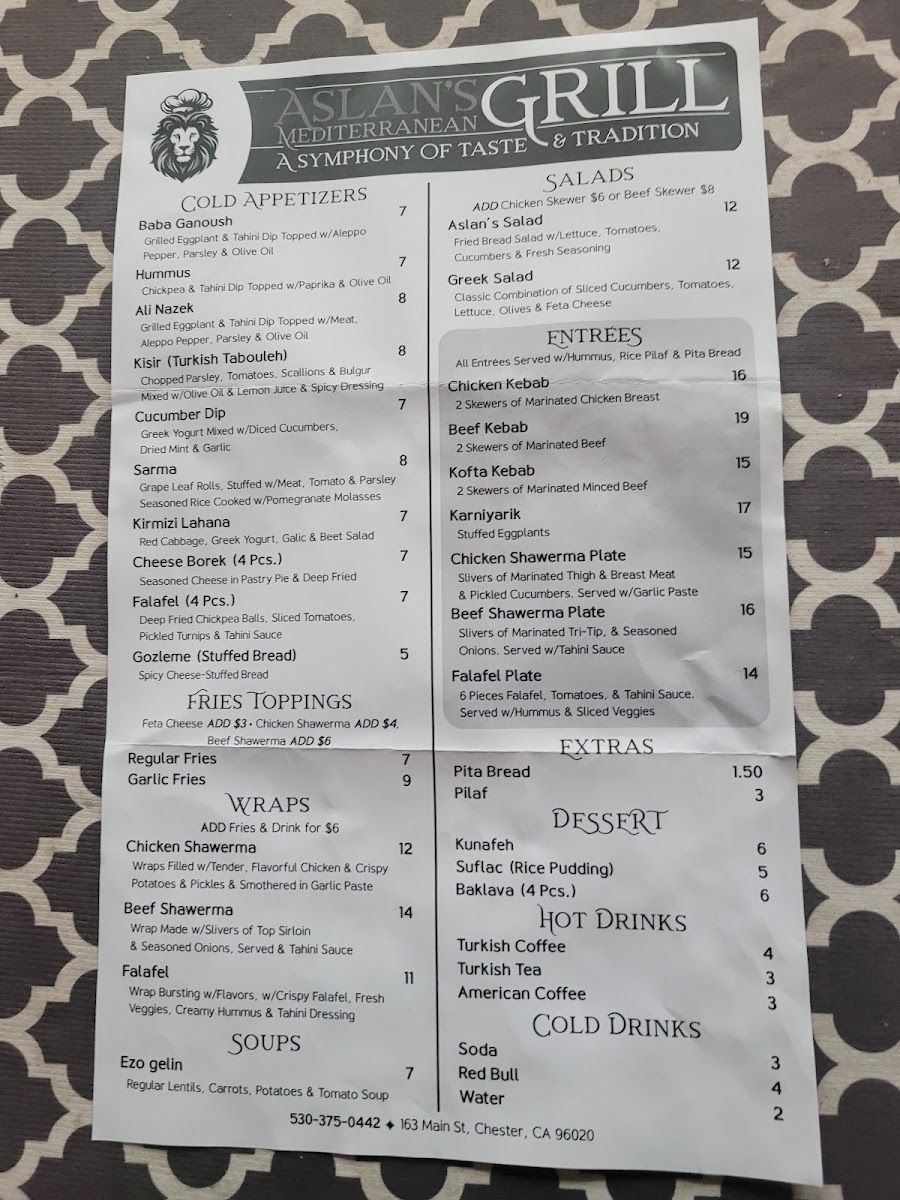 Aslan's Mediterranean Grill menu board
