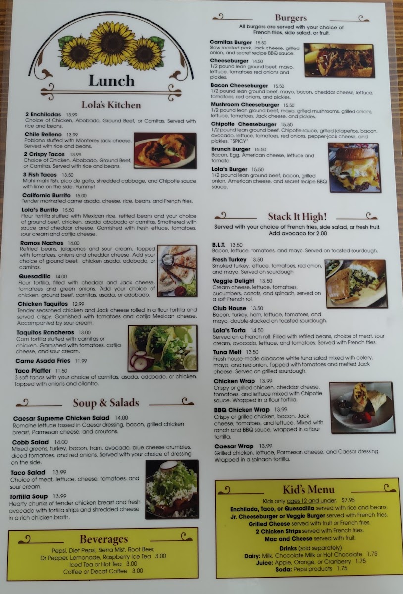 Lola's Family Restaurant menu board