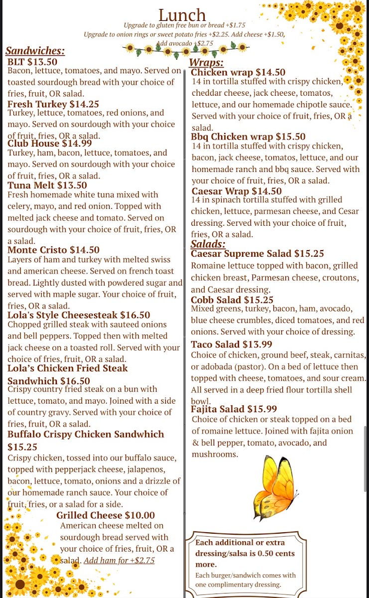 Lola's Family Restaurant menu board