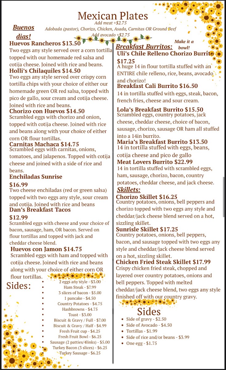 Lola's Family Restaurant menu board