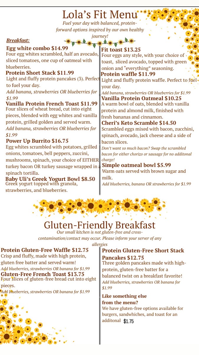 Lola's Family Restaurant menu board