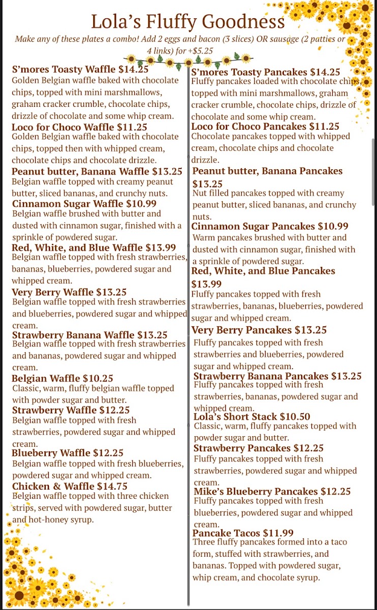 Lola's Family Restaurant menu board