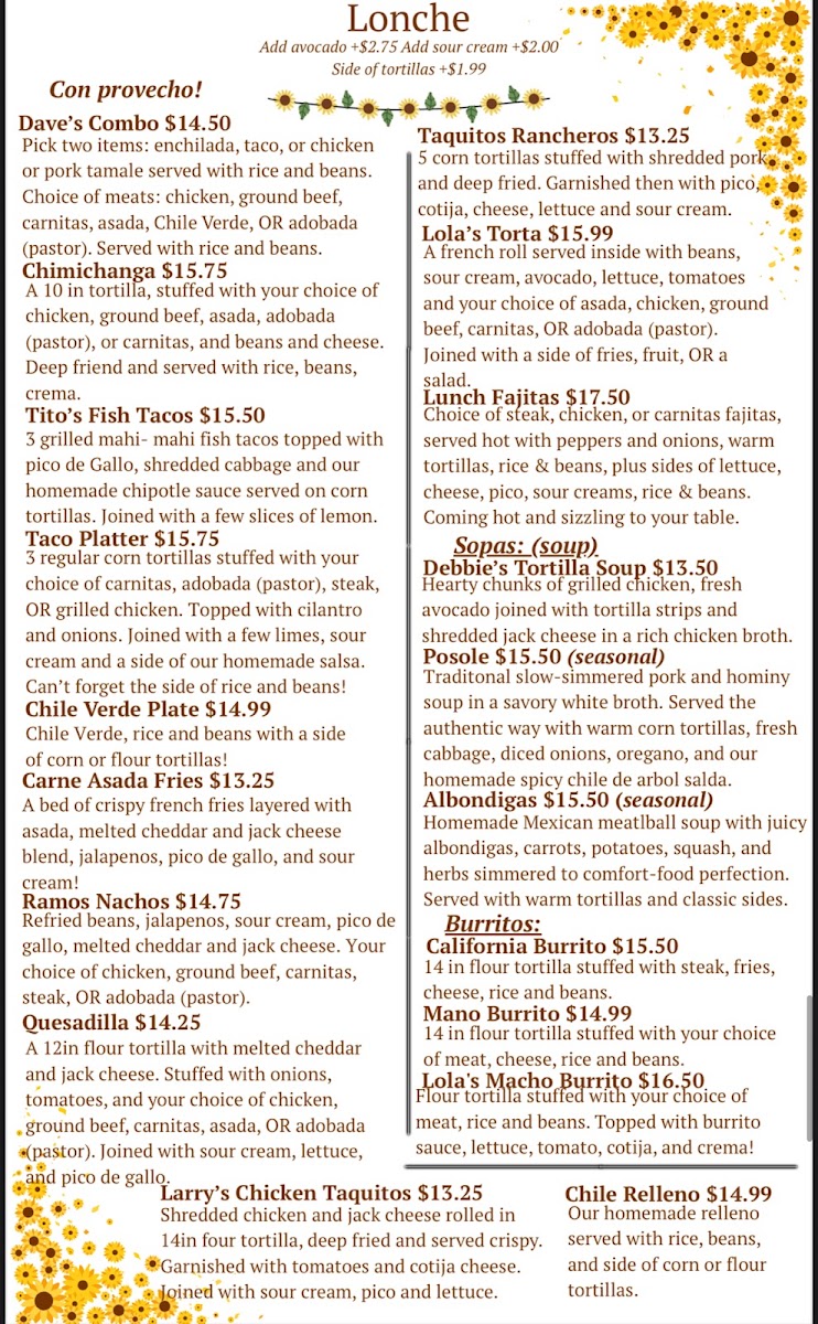 Lola's Family Restaurant menu board