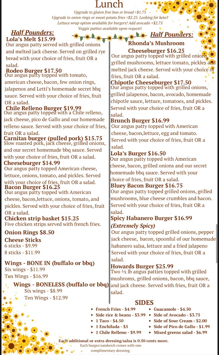 Lola's Family Restaurant menu board