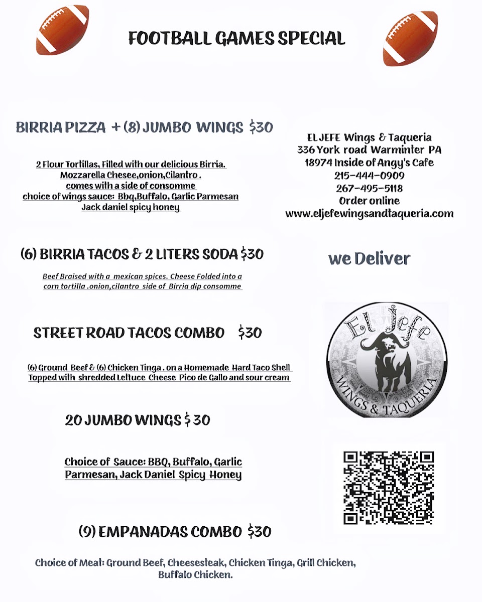 El Jefe Wings and Taqueria menu board