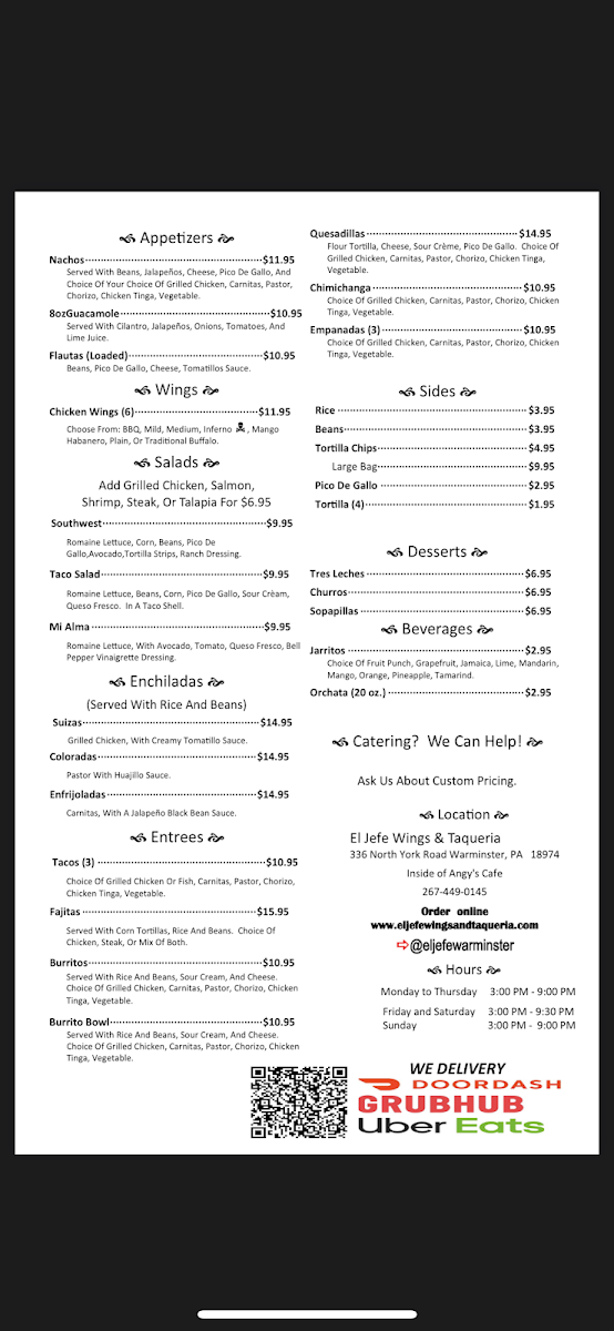 El Jefe Wings and Taqueria menu board