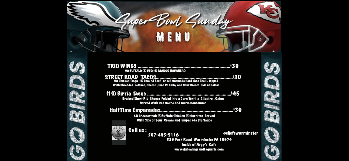 El Jefe Wings and Taqueria menu board