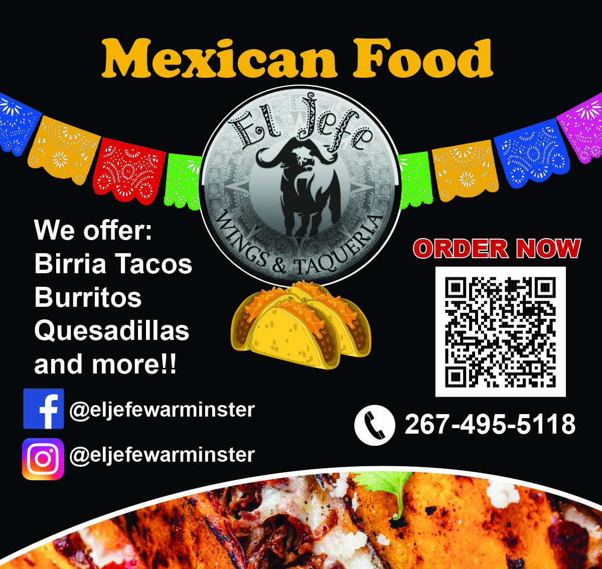 El Jefe Wings and Taqueria menu board
