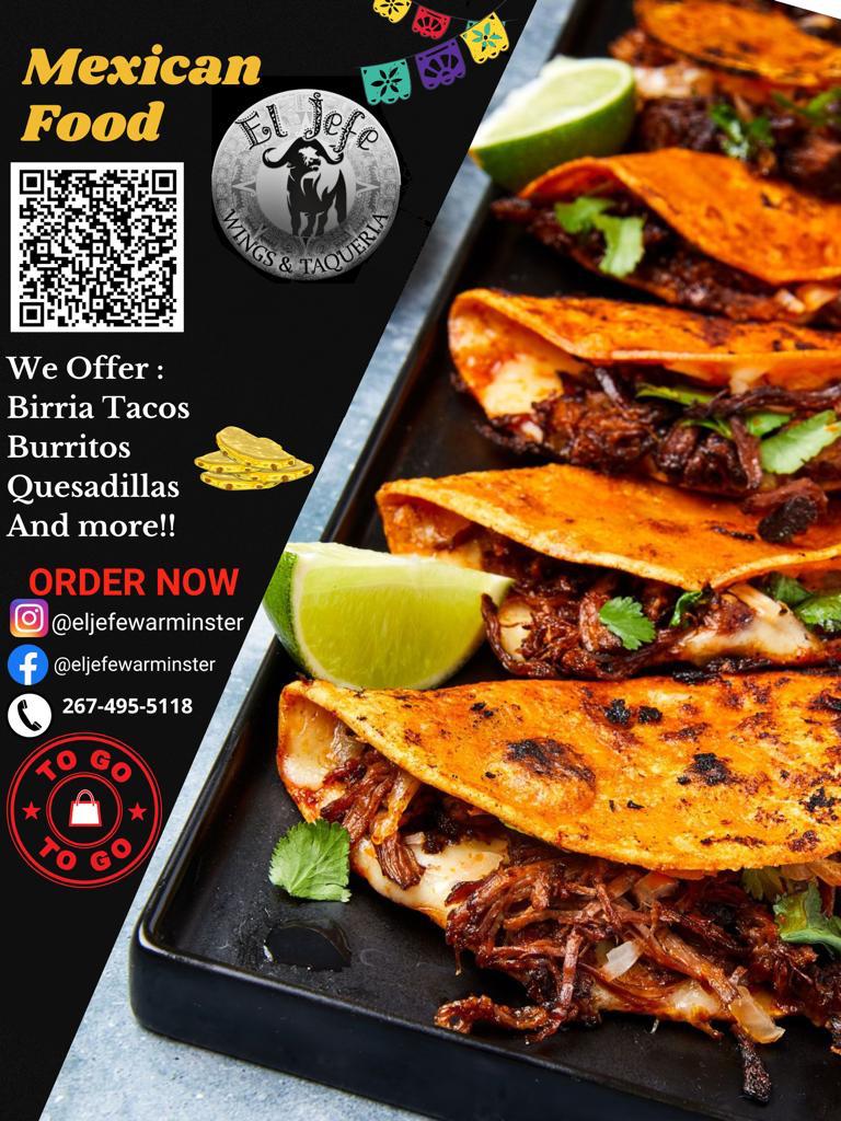 El Jefe Wings and Taqueria menu board