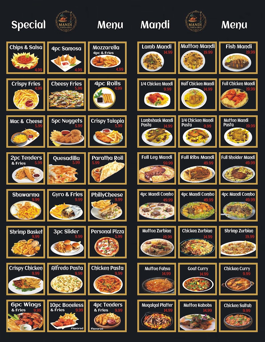 Mandi Cafe & Grill menu board