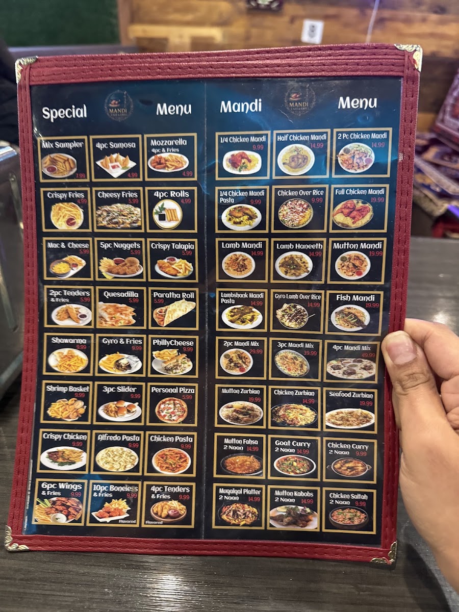Mandi Cafe & Grill menu board