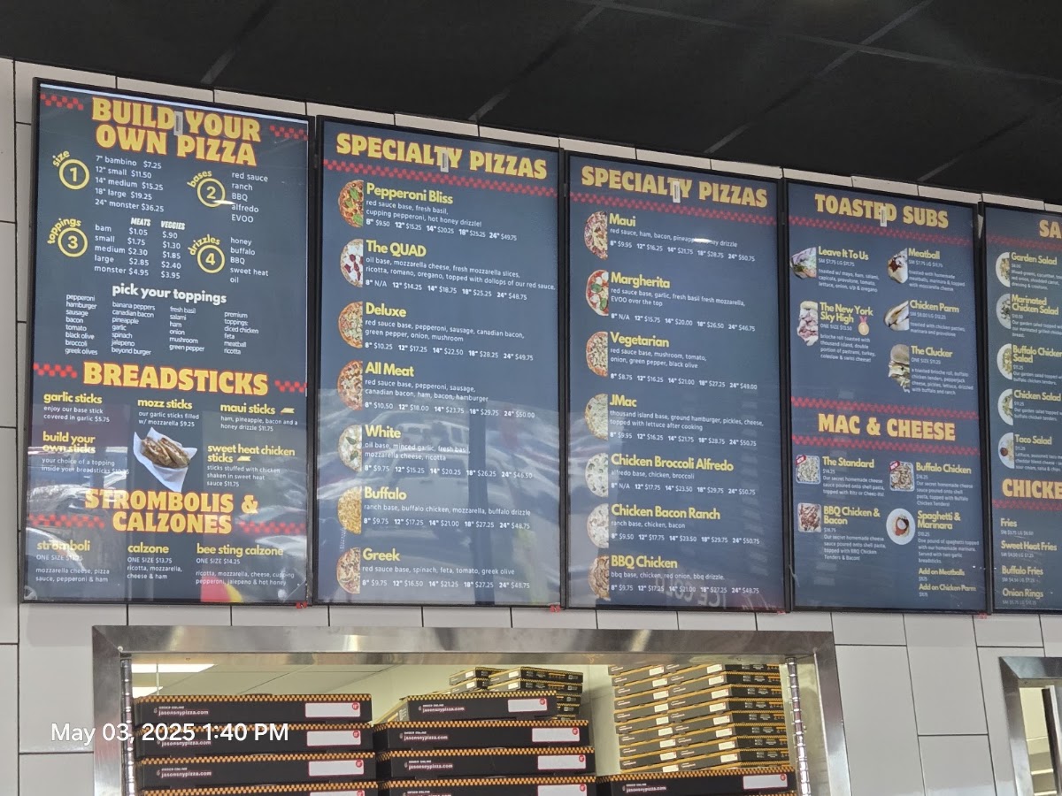 Jason's NY Pizza - Topsham menu board