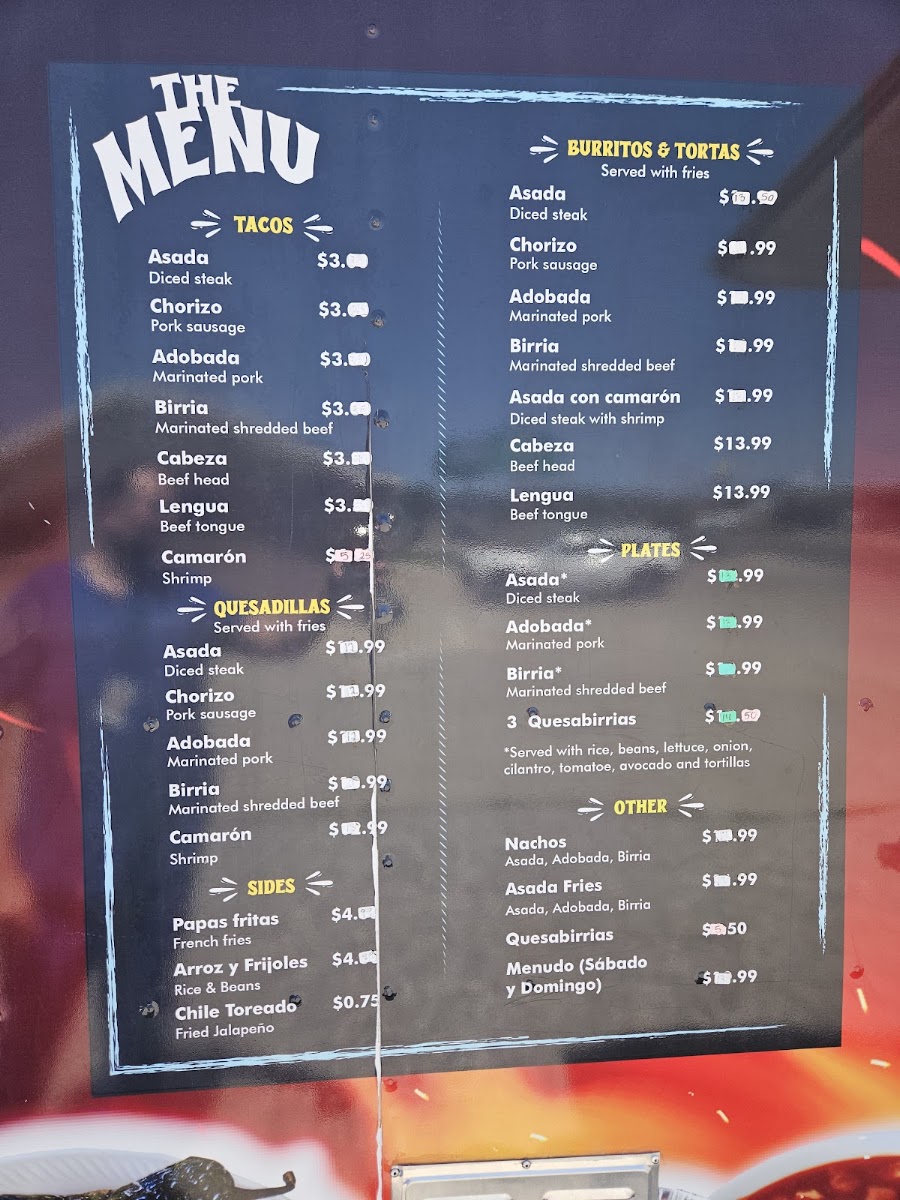 Tacos El Mas Chingon menu board