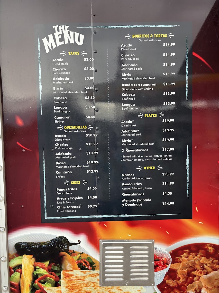 Tacos El Mas Chingon menu board