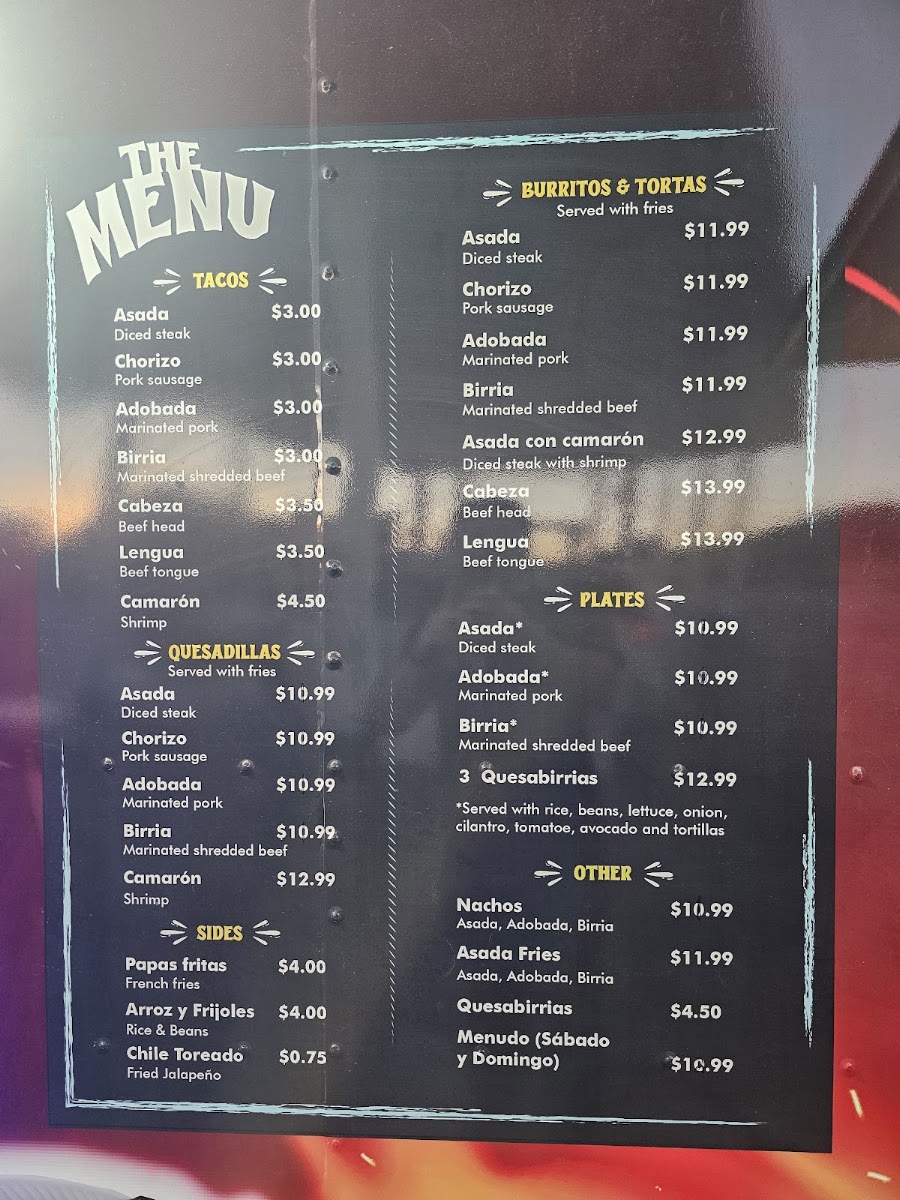 Tacos El Mas Chingon menu board