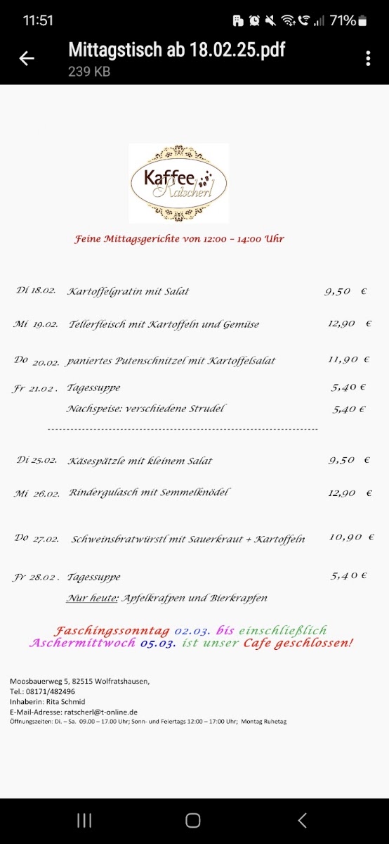 Kaffee Ratscherl menu board