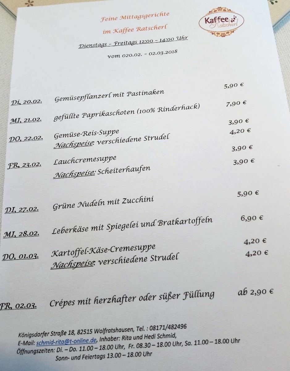 Kaffee Ratscherl menu board