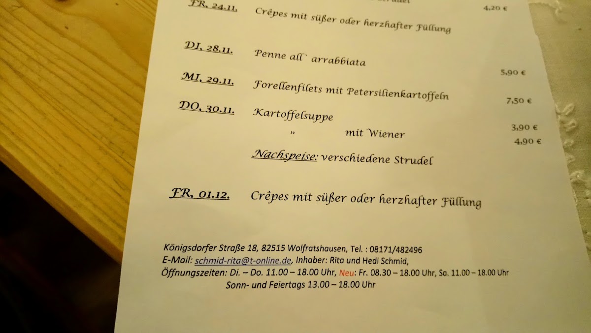 Kaffee Ratscherl menu board