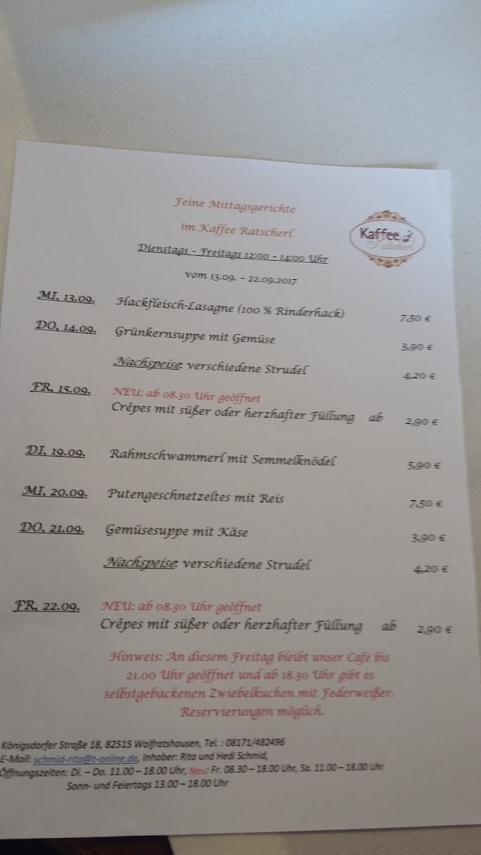 Kaffee Ratscherl menu board